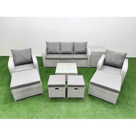 Fimous Outdoor Garden Furniture Set PE Rattan Lounge Sofa Set with Coffee Table 3 Seater Sofa 4 Footstools Side Table Light Grey (1/4)