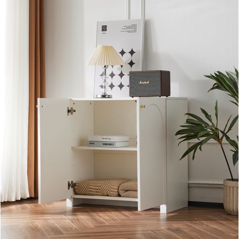 Credenza a 2 ante 80 x 40 x 80 cm in pannello di truciolato bianco con maniglie dorate DESVIAE (1/5)