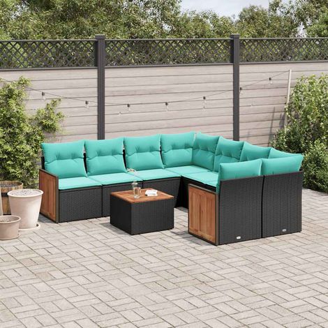 9-teiliges Gartensofa-Set mit Kissen, schwarzes Polyrattan (1/5)