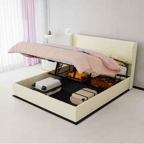lit adulte lit coffre 160x200 tissu beige chambre OKMYHOME (1/5)