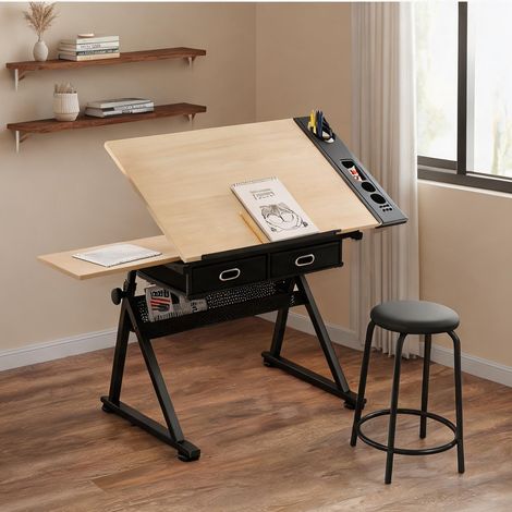 Bureau de dessin ajustable avec tabouret 2 tiroirs pour maison (1/5)