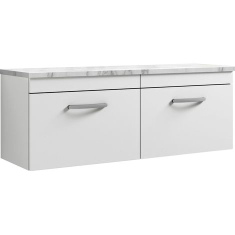 Nuie Athena Wall Hung 2-Drawer Vanity Unit with Carrera Marble Worktop 1200mm Wide - Gloss White (1/4)