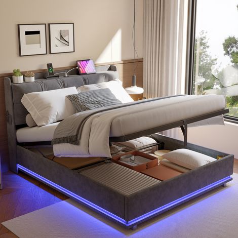 JOOKGBD-Polsterbett Doppelbett 140x190cm in grauem Samt, LED RGB Kopfteil, Fernbedienung, USB-C USB, hydraulischer Stauraum, Lattenrost, Seitentaschen, Schlafzimmer Erwachsene (1/5)