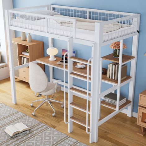 Cama altillo de 90x200 cm con mesa y estante, escalera de 5 escalones, barandilla de seguridad, sin colchón, blanco y natural (1/5)