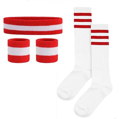 5-teiliges Set aus rot-weiß gestreiftem Sport-Stirnband und Kniestrümpfen für Partys und Sport. (1/5)