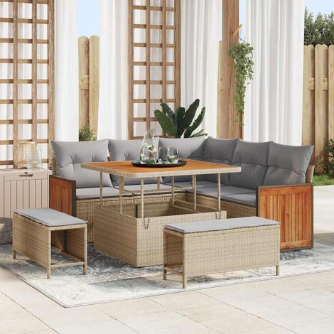 Gartensofa-set mit Kissen 9 pcs Beige und Hellgrau Poly-Rattan (1/5)
