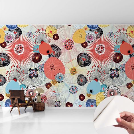 Papier peint autocollant avec imprimé décoratif pour salon et chambre à coucher Installation facile Fleurs colorées 416x254 cm (1/5)