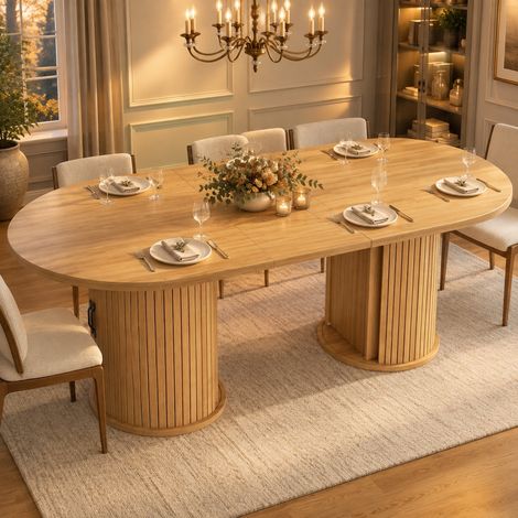 Mesa de comedor extensible 150-190x80 cm de MDF y metal natural FloraGrace (1/5)