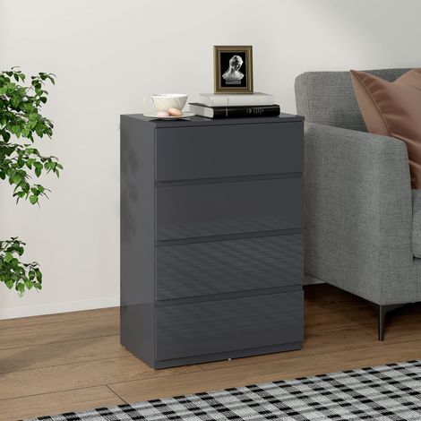 Commode 4 tiroirs. meuble de rangement à haute brillance. fermeture douce et silencieuse. 55 x 34 x 80 cm. gris