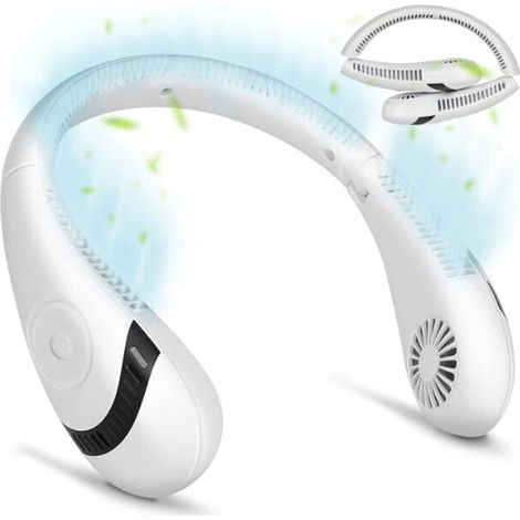 Ventilateur de cou portable, ventilateur personnel portable de refroidissement à 360 ° 3 vitesses 5000 mAh à piles rechargeables (blanc)- (1/4)
