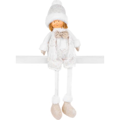 Figur MagicHome Weihnachten, Junge in weißer Mütze mit langen Beinen, weiß-golden, Stoff, 15x10x45 cm (1/3)