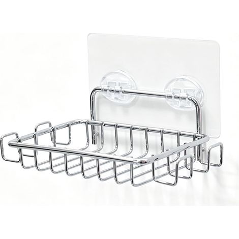 Suction Cup Wall-Mounted Soap Dish with 4 Hooks (Silver) (1/5)