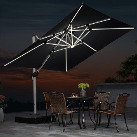 PURPLE LEAF parasol déporté carré 2,7 × 2,7 m, rotation 360°, double toit ventilé, panneau solaire intégré, 8 baleines LED en aluminium, pour jardin, cour et piscine, Gris