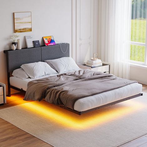 Bed 120 x 200 cm, floating visual effect, double bed frame with LED lighting and charging station, double frame with storage space, headboard and slatted base, headboard (1/5)