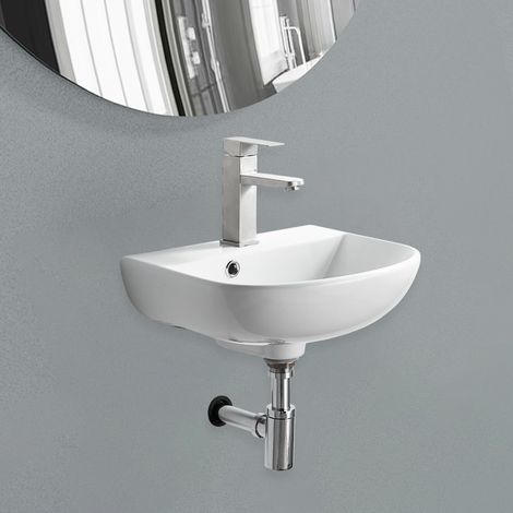 Lavabo mural incurvé en céramique avec 1 trou pour robinet et trop-plein, gain de place, pour petites toilettes (1/5)