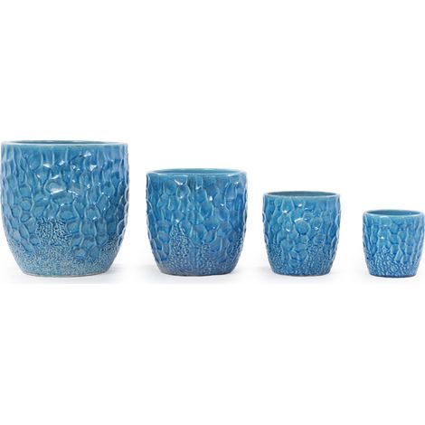 Vaso per piante in ceramica blu Ø22,5 cm con rilievo martellato e foro di drenaggio (1/5)