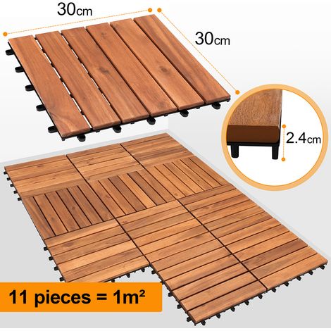 Swanew – Dalles de terrasse en bois d'acacia 30x30 cm – Système clips – Résistantes aux intempéries – Lot de 33 pièces pour 3m²
