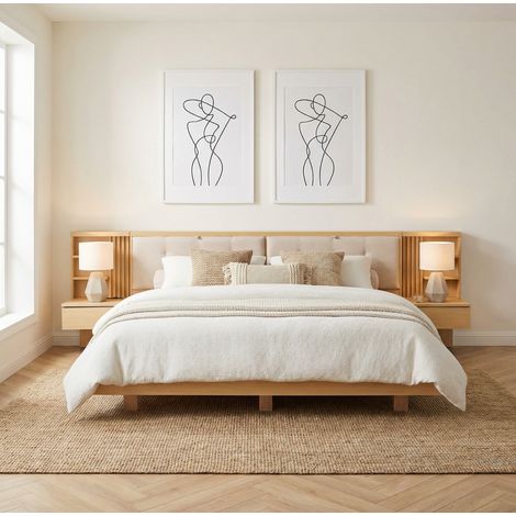 Cama flotante moderna 180x200 cm de madera de ingeniería natural con cabecero tapizado, almacenaje, cajones y USB