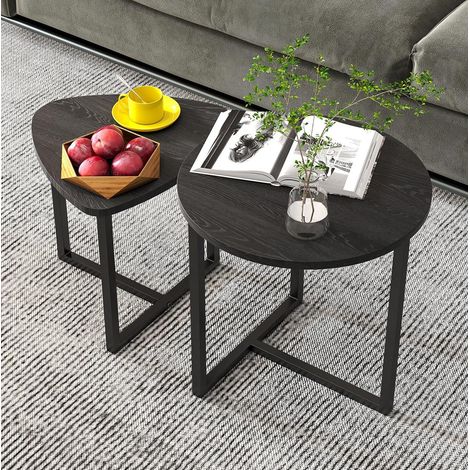 Mesa baja nido de 2 piezas, madera y acero inoxidable, negra, estilo industrial HAVRYA (1/5)