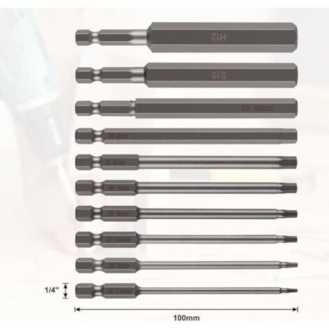 Lot de 10 embouts hexagonaux de 100 mm de long avec rangement d'embouts, tige hexagonale S2 H1,5-H12, clé Allen métal couleur (1/3)