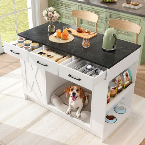 Ilot de cuisine 120x60x90 cm avec 3 tiroirs étagère Bar tables avec  réglable espace MDF Blanc (1/5)