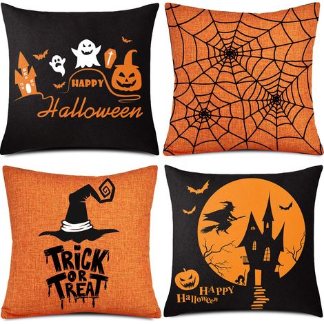 Lot de 4 Grandes Housses de Coussin Orange et Noir - 50,8 x 50,8 cm - en Lin - pour canapé, lit, décoration pour la Maison et Le Bureau (1/5)