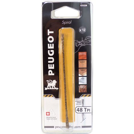 Peugeot – Lot de 12 lames à chantourner spiralées 0,8 mm – 48 dents par pouce – Longueur 127 mm – Pour bois dur et PVC