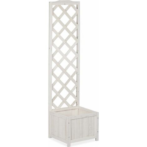 Relaxdays Jardinière avec treillis espalier Tuteur plantes grimpantes bac à fleur bois vigne rose 25 L, 145,5 cm, blanc