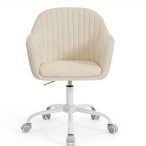 Silla de oficina ergonómica de terciopelo crema blanco con ruedas y altura regulable (1/5)