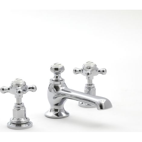 Milano Elizabeth 3 Tap-Hole Basin Mixer Tap - Chrome & White (Crosshead Handles) (1/5)