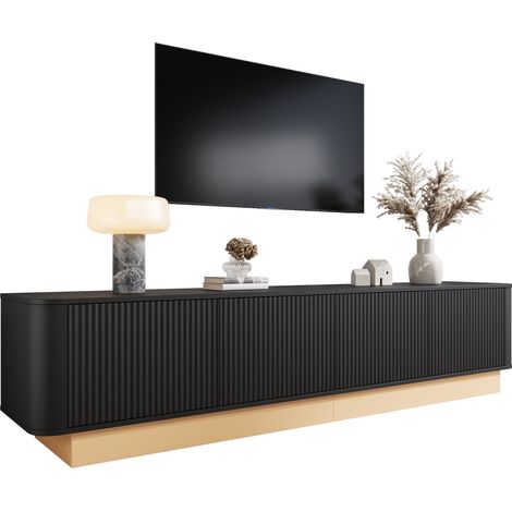 Mueble TV con 4 Puertas y Estantes Ajustables, Pasacables y Esquinas Redondeadas, para Salón, MDF, Negro, 200×40×47.5 cm (1/5)