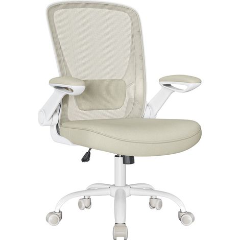 Fauteuil de bureau avec accoudoir rabattable chaise de bureau en toile siège pivotant à 360° support lombaire réglable gain de place beige (1/4)