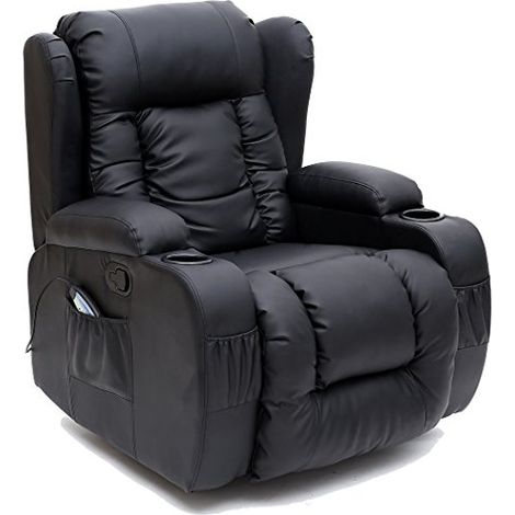 CAESAR 10 IN 1 WINGED LEATHER RECLINER CHAIR ROCKING MASSAGE SWIVEL HEATED BLACK (1/5)
