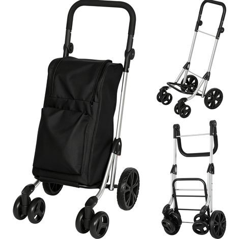 Carro de compra plegable de 46 L con bolsa térmica, asa regulable y marco de aluminio, negro (1/4)