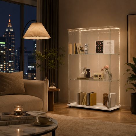 Vitrine en verre éclairée par LED réglable avec 3 étagères - Blanc - 78.5 x 35 x 123.3 cm - Pour exposer des figurines - Salon/bureau (1/5)
