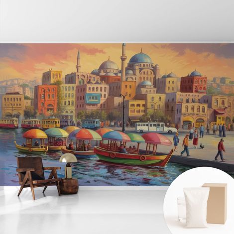 Tapete Dekorative Vliestapete mit Klebe für Wand - Mustertapete - moderne Einrichtung - für Büro Städtische Küste 416x254 cm (1/5)