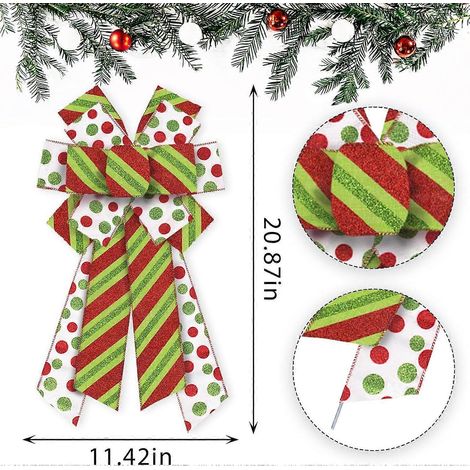 Große Weihnachtsschleifen für Kränze, rot-grün glitzernde Schleifen mit Punkten, rot-grün gestreifte Schleifen für die Haustür, Juteschleifen für den Weihnachtsbaum. (1/4)