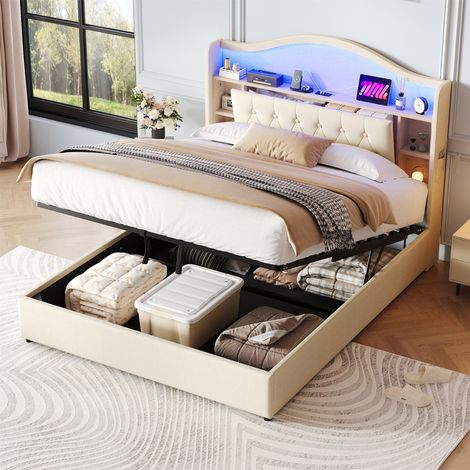 Upholstered Bed Frame with Hydraulic Storage - Beige Linen LED Headboard with Curved Button Tufted Design, USB & Type-C Charging Station and Concealed Storage, No Mattress Included, 4ft6 Double Size