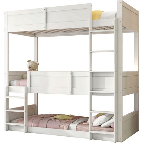 Lit superposé triple 90x200 cm modulable, lit enfant en bois massif blanc avec barrières de sécurité et sommiers à lattes. (1/5)