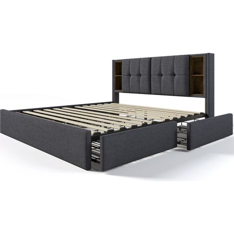 Doppelbett 160x200 cm aus grauem Leinen mit 4 Schubladen, Wireless Charging, USB und Matratze (1/5)