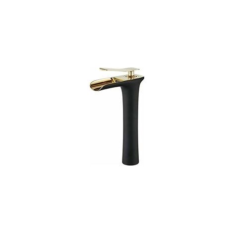 Robinet Cascade - Robinet Lavabo 1 Trous - Cartouche Céramique - Débit Ouvert - Commande Unique Chaude Froide - Noir Or Chrome - Hauteur 32 cm - 1 Pièce