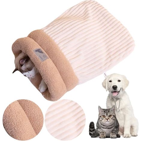 Sac de couchage pour chat, sac de couchage d'intérieur pour l'hiver, couverture en coton lavable ultra douce pour chats et chiens, enveloppe de confort à 360° pour animaux de compagnie (beige 4437cm) (1/5)
