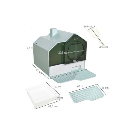 Maison de toilette pour chat verte en forme de cabane avec tapis tamis et bac amovible, pelle incluse, pour intérieur et buanderie (1/5)