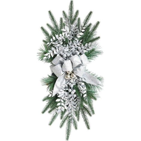 Couronne de Noël artificielle en forme de goutte de 55 cm, grand ruban imprimé, boules de Noël, rose, neige, branches givrées, couronne décorative d'escalier d'intérieur C (1/5)