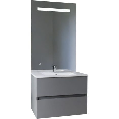 Meuble vasque ROSALY INOX 70 cm + miroir Elégance ht105- Gris- Plan vasque en Céramique