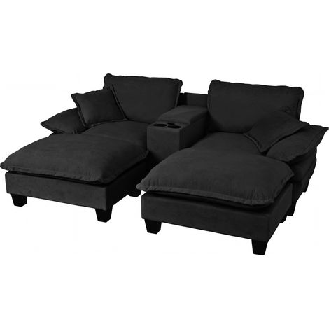 Divano modulare Cloud nero in ciniglia con portabicchieri, USB, 2 pouf e 2 cuscini (1/5)
