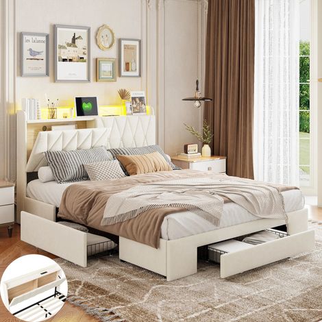 Cadre de lit,lit deux place,lit 140 x 190 avec rangement,lit led 140x190,3 Tiroirs-port USB-Rangement tête de lit-LED-Velours-Blanc (1/5)