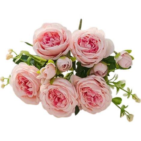 Fleurs artificielles en soie blanche, 5 grandes têtes et 4 boutons, décoration intérieure rose longue durée (1/5)