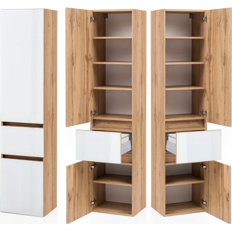 Badezimmer Seitenschrank HEERLEN-03 in Wotaneiche Nb. mit Glasfronten weiß, B/H/T: ca. 40/180/35 cm (1/5)