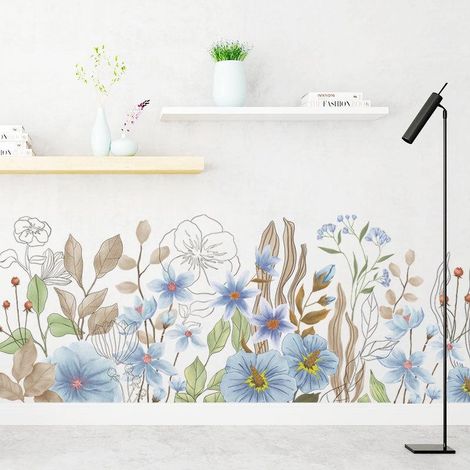 Sticker mural aquarelle fleurs bleues, papier peint décoratif pour salon (1/5)